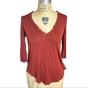 Bordeaux Red Distressed V-Neck Pocket Tee